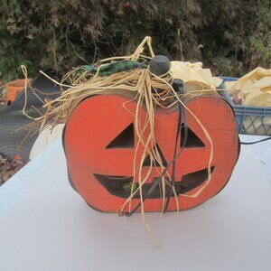 RUSTIC HALLOWEEN PUMPKIN DECOR, WOOD & METAL DESIGN LIGHTS UP